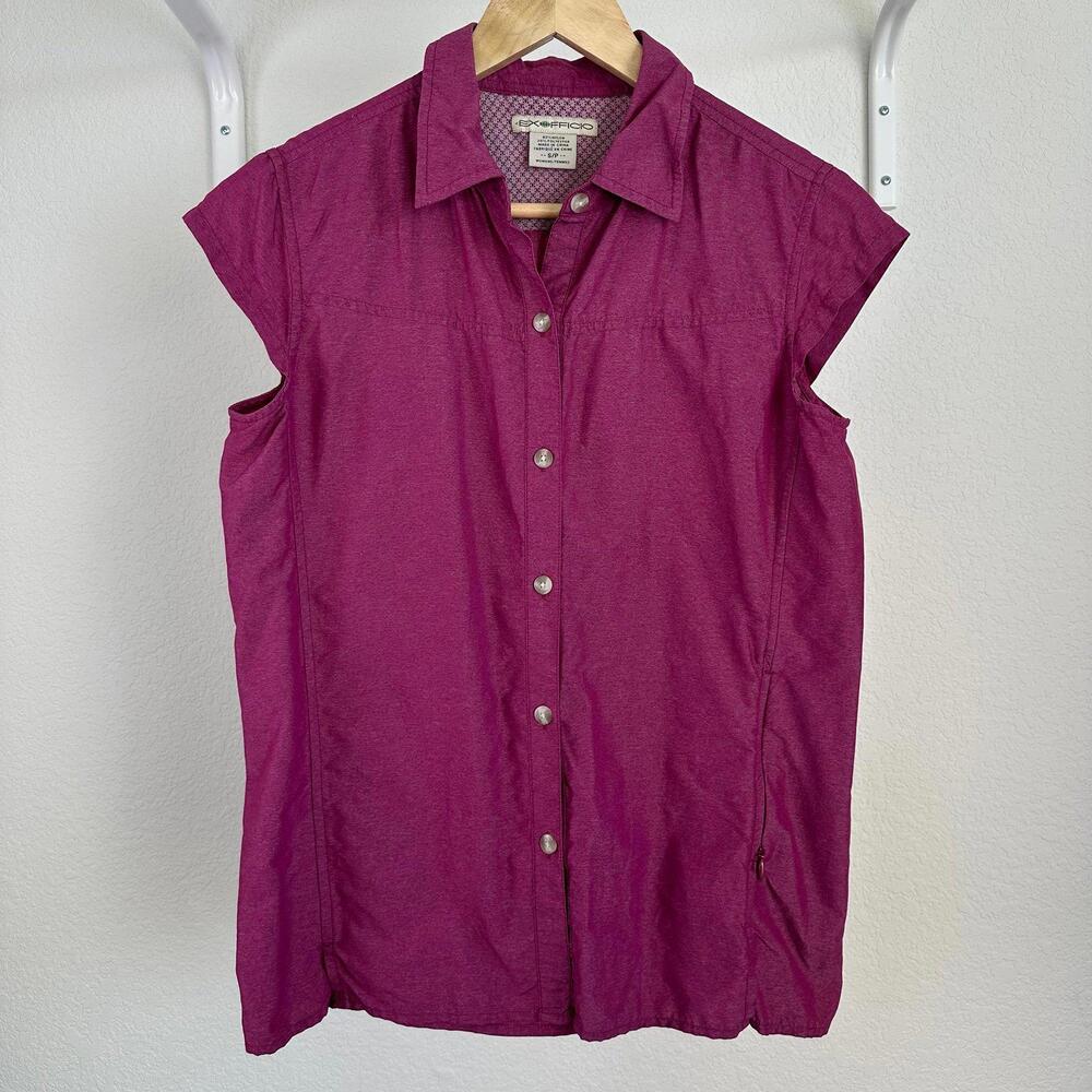 S Women’s EXOFFICIO Cap Sleeve Button Down Shirt with Side Zipper Pocket Pink
